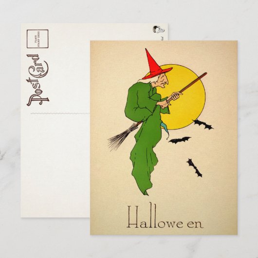 Vintages Halloween-Broom Hexenkarte Postkarte (Vorne/Hinten)