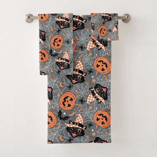 Vintages Halloween Cats und Pumpkins-Muster Badhandtuch Set (Insitu)