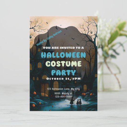 Vintages Halloween-Dorf Einladung (Stehend Vorderseite)