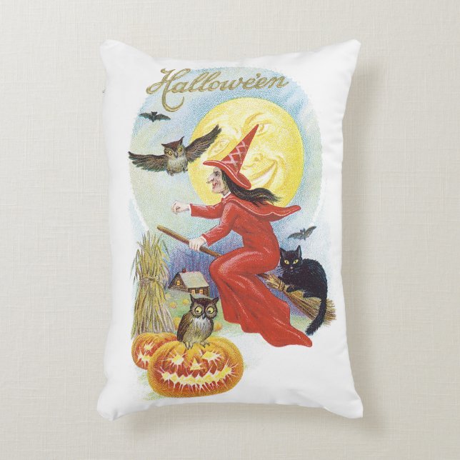 Vintages Halloween, Fliegerhexe mit schwarzer Katz Dekokissen (Vorderseite(Vertikal))