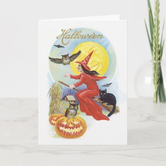 Vintages Halloween, Fliegerhexe mit schwarzer Katz Karte (Vorderseite)