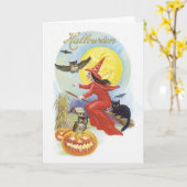 Vintages Halloween, Fliegerhexe mit schwarzer Katz Karte (Gelbe Blume)