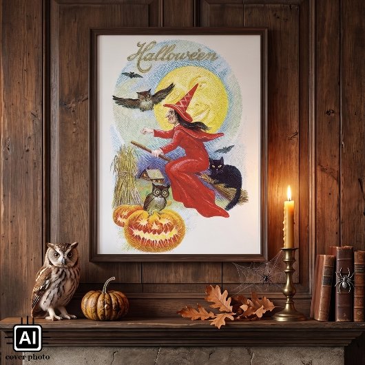 Vintages Halloween, Fliegerhexe mit schwarzer Katz Poster