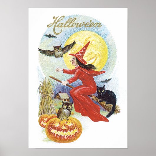 Vintages Halloween, Fliegerhexe mit schwarzer Katz Poster (Vorne)