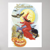 Vintages Halloween, Fliegerhexe mit schwarzer Katz Poster (Vorne)