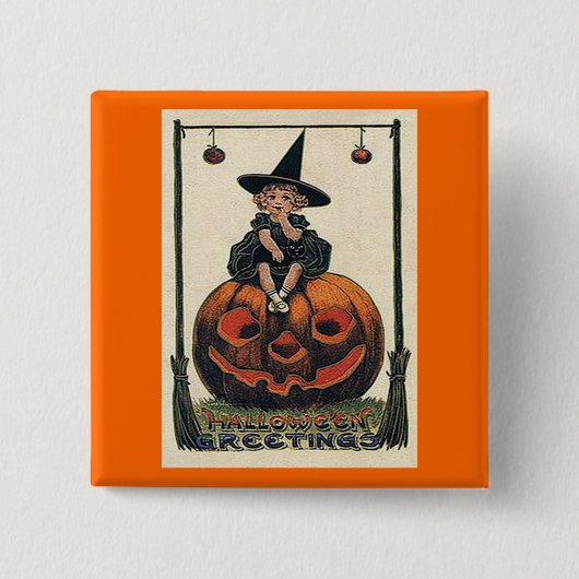 Vintages Halloween Girl auf Jack o'Lantern Button (Vorderseite)