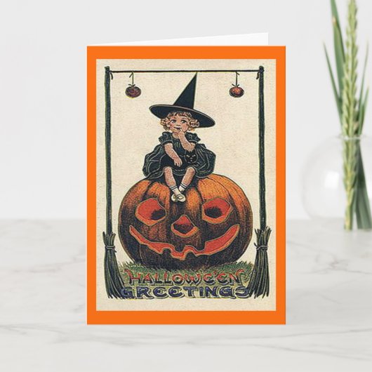Vintages Halloween Girl auf Jack o'Lantern Card Karte (Vorderseite)