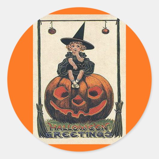 Vintages Halloween Girl auf Jack o'Lantern Runder Aufkleber (Vorderseite)