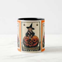 Vintages Halloween Girl auf Jack o'Lantern Zweifarbige Tasse