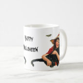 Vintages Halloween, Girl Hexe mit schwarzer Katze Kaffeetasse (VorderseiteRechts)