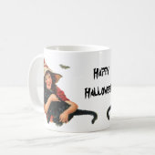 Vintages Halloween, Girl Hexe mit schwarzer Katze Kaffeetasse (Vorderseite Links)
