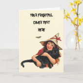 Vintages Halloween, Girl Hexe mit schwarzer Katze Karte (Gelbe Blume)