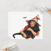 Vintages Halloween, Girl Hexe mit schwarzer Katze Karte (Vorderseite/Rückseite Beispiel)