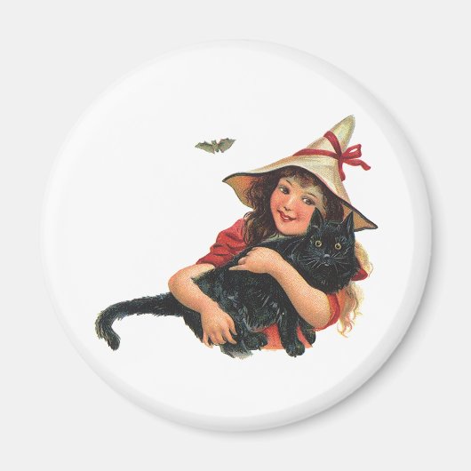 Vintages Halloween, Girl Hexe mit schwarzer Katze Magnet (Vorne)