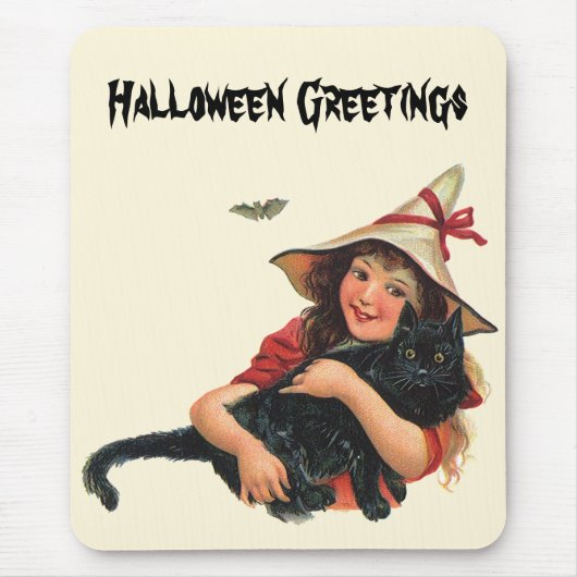 Vintages Halloween, Girl Hexe mit schwarzer Katze Mousepad (Vorne)