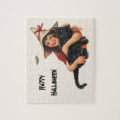 Vintages Halloween, Girl Hexe mit schwarzer Katze Puzzle (Vertikal)