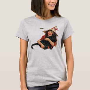 Vintages Halloween, Girl Hexe mit schwarzer Katze T-Shirt