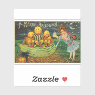 Vintages Halloween Girl mit Pumpkins Aufkleber