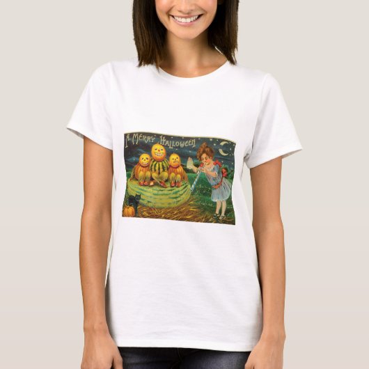 Vintages Halloween Girl mit Pumpkins T-Shirt (Vorderseite)
