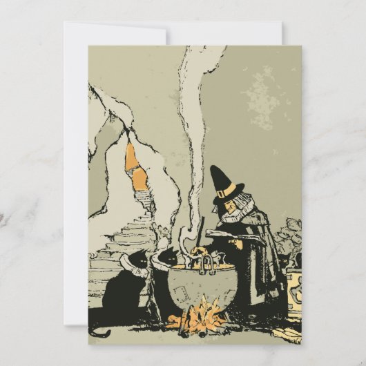 Vintages Halloween, Hexe mit Cauldron und Katzen Einladung (Vorderseite)