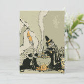 Vintages Halloween, Hexe mit Cauldron und Katzen Einladung (Stehend Vorderseite)