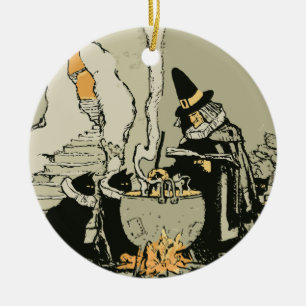 Vintages Halloween, Hexe mit Cauldron und Katzen Keramikornament