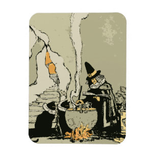 Vintages Halloween, Hexe mit Cauldron und Katzen Magnet