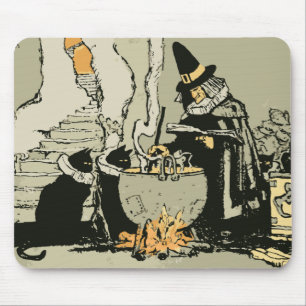 Vintages Halloween, Hexe mit Cauldron und Katzen Mousepad