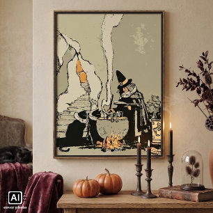 Vintages Halloween, Hexe mit Cauldron und Katzen Poster