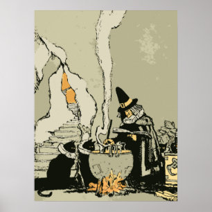 Vintages Halloween, Hexe mit Cauldron und Katzen Poster