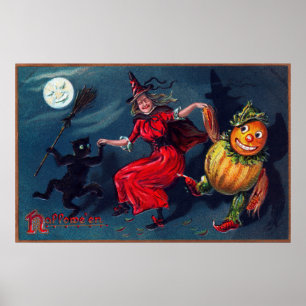 Vintages Halloween-Katzenkürbis-Poster Poster