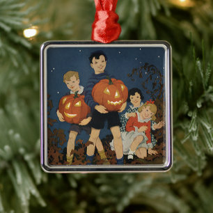 Vintages Halloween, Kinder, die Pumpkins halten Silbernes Ornament