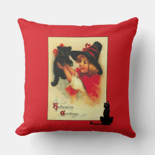 Vintages Halloween Kitten und Kleines Mädchen Kissen