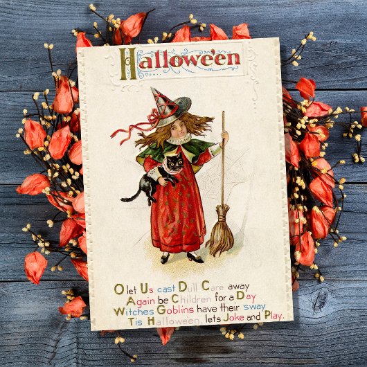 Vintages Halloween-Mädchen mit schwarzer Katze Karte
