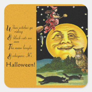 Vintages Halloween Mond, Hexe und Eule mit Gedicht Quadratischer Aufkleber