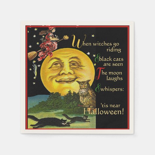 Vintages Halloween Mondschauen Hexe mit Gedicht Serviette (Vorderseite)