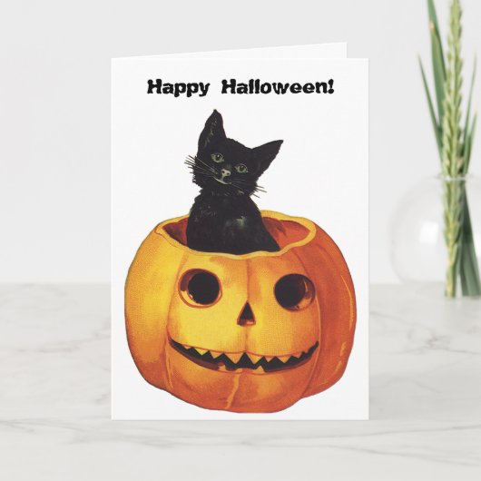 Vintages Halloween, Niedliche Schwarze Katze in ei Karte (Vorderseite)