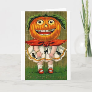 Vintages Halloween Pumpkin Head Girl Karte