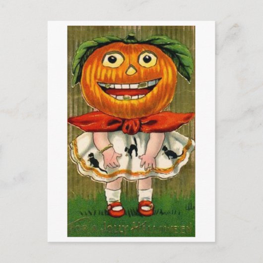 Vintages Halloween Pumpkin Head Girl Postkarte (Vorderseite)