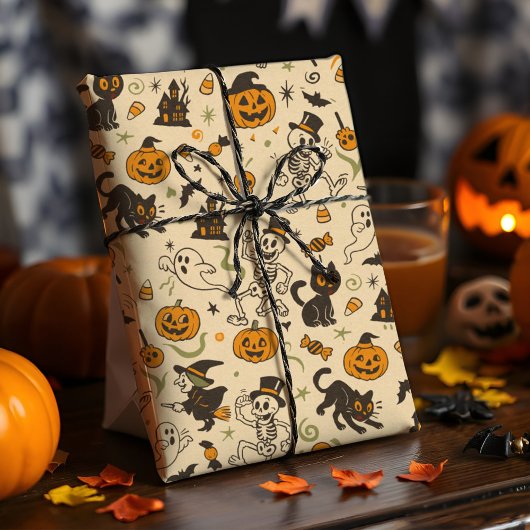 Vintages Halloween Retro Skeleton Hexe Nostalgisch Geschenkpapier