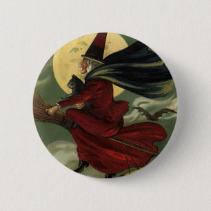 Vintages Halloween-Riding-Broomstick mit Katze Button