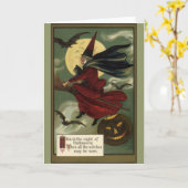 Vintages Halloween-Riding-Broomstick mit Katze Karte (Gelbe Blume)