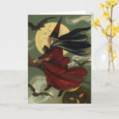 Vintages Halloween-Riding-Broomstick mit Katze Karte (Gelbe Blume)