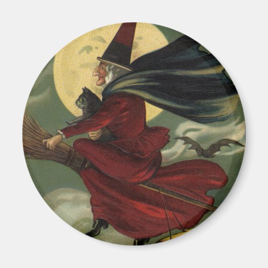 Vintages Halloween-Riding-Broomstick mit Katze Magnet (Vorne)