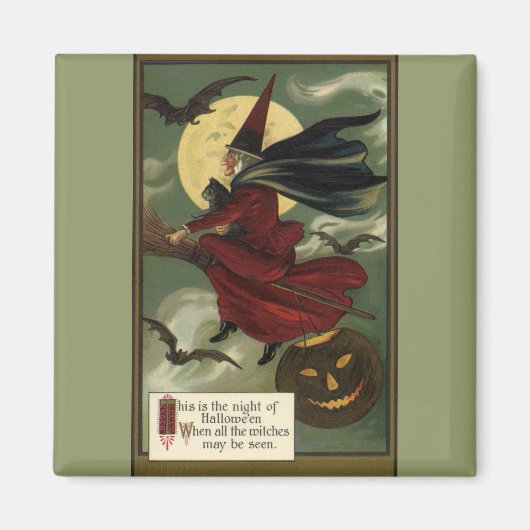 Vintages Halloween-Riding-Broomstick mit Katze Magnet (Vorne)