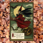 Vintages Halloween-Riding-Broomstick mit Katze Poster<br><div class="desc">Vintage Illustration Halloween Urlaubsdesign mit einer bösen bösen Hexe, die auf ihrem Broomstick mit einer schwarzen Katze auf ihrem Schoß fliegt. Sie fliegen durch den Nachthimmel an All Hallows Eve mit Vollmond in der Ferne, Fledermäusen und einem spukhaften Jack-o-Laternen Kürbis. Im Text steht: "Dies ist die Nacht von Halloween, in...</div>