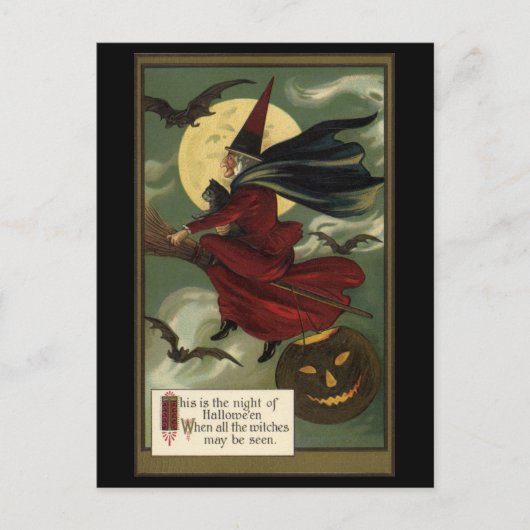Vintages Halloween-Riding-Broomstick mit Katze Postkarte (Vorderseite)