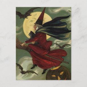 Vintages Halloween-Riding-Broomstick mit Katze Postkarte