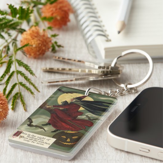 Vintages Halloween-Riding-Broomstick mit Katze Schlüsselanhänger (Vorderseite rechts)