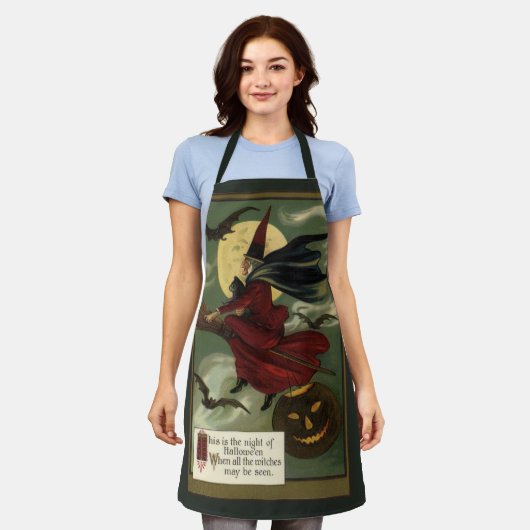 Vintages Halloween-Riding-Broomstick mit Katze Schürze (Getragen)